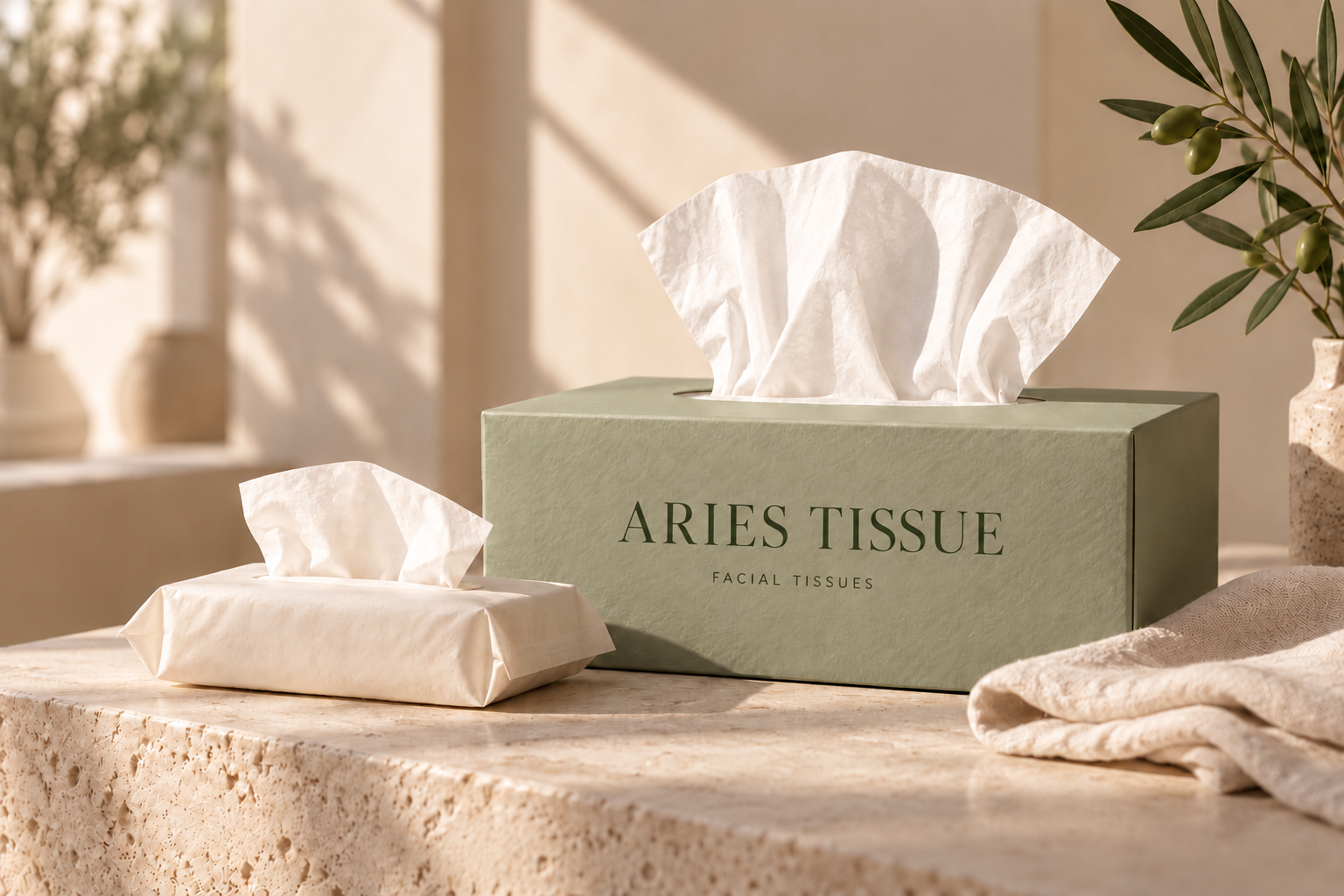 ARIES TISSUE conceptual sage tissue box and cream soft pack in a naturally lit setting